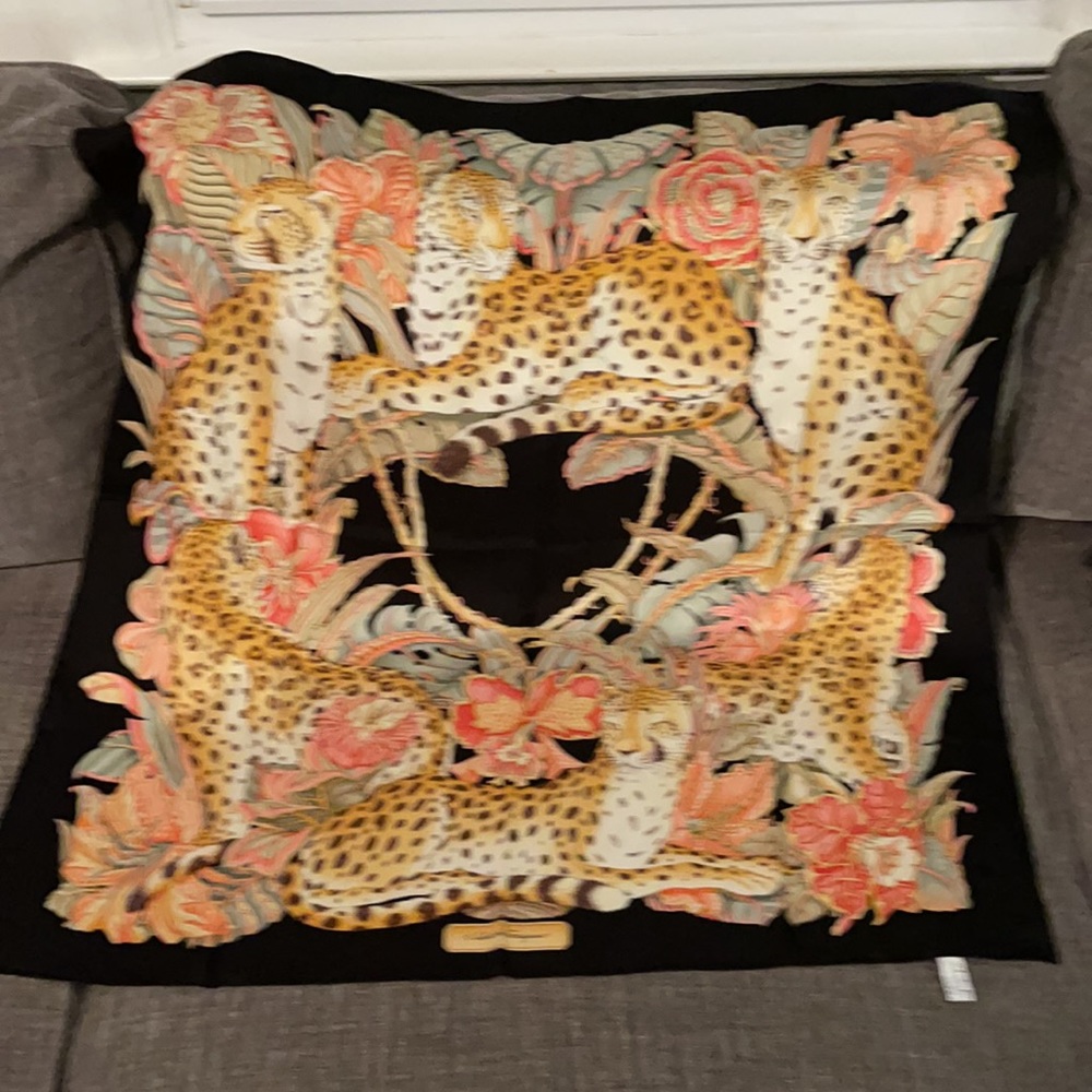 Salvatore Ferragamo Silk Animal Print Leopard Black Scarf
